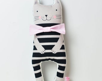 stuffed plush animal cat in black and gray stripes with bow tie for pretend play