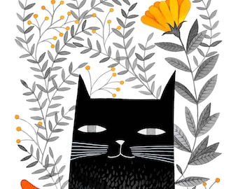 black cat wall art print illustration for cat lovers