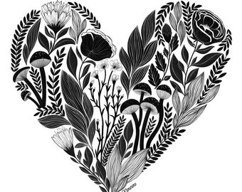 Corazón blanco y negro lleno de plantas, ilustración, póster impreso de PinkNounou, regalo para el día de la madre o el día de San Valentín