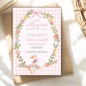 One Silly Goose Invite, Silly Goose Party, Silly Goose Birthday, Girl 1st Birthday, Goose Theme Party, Pink Gingham, First Birthday, Digital