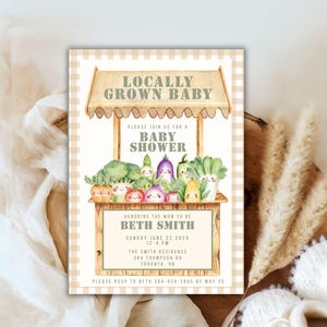 Lokal gewachsene Babypartyeinladung, Bauernmarkt-Babyparty-Thema, Bio-Bauernhof-Fresh-Baby, bearbeitbare Vorlage, Garten-Babyparty