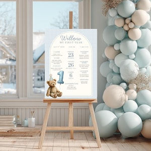 Puede incluir: Un letrero a cuadros de color azul claro y blanco sobre un caballete de madera, con el texto "Willow My First Year". El letrero incluye un oso de peluche, un globo con el número 1 y detalles personales. Un arco de globos decora la ventana.