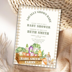 Lokal gewachsene Babypartyeinladung, Bauernmarkt-Babyparty-Thema, Bio-Bauernhof-Fresh-Baby, bearbeitbare Vorlage, Garten-Babyparty