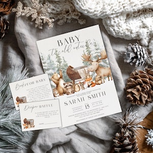 Winter Woodland Animals Baby Shower Invitation Template (Digital Download)