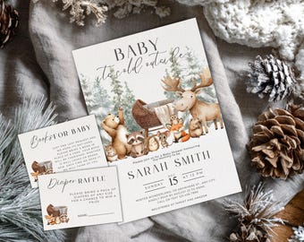 Winter Woodland Animals Baby Shower Invitation Template (Digital Download)