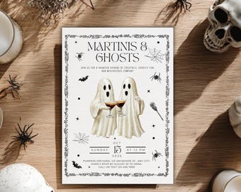 Halloween Costume Party Invitation, Ghosts and Martinis, Canva Template (Digital Download)
