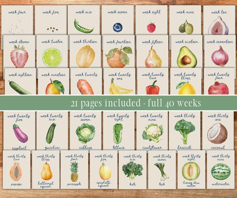 K&ouml;nnte beinhalten: Ein Satz von 21 druckbaren Karten mit Aquarell-Illustrationen von Obst und Gem&uuml;se. Jede Karte hat eine Wochenzahl und den Namen des Produkts. Die Karten sind mit "21 Seiten enthalten - volle 40 Wochen" beschriftet.