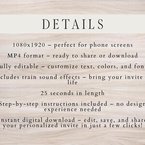 May include: Image with the word "DETAILS" at the top. The text describes a digital product with a 1080x1920 resolution, MP4 format, and customizable features. It includes train sound effects and step-by-step instructions. The product is an instant digital download.