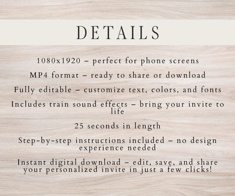 May include: Image with the word "DETAILS" at the top. The text describes a digital product with a 1080x1920 resolution, MP4 format, and customizable features. It includes train sound effects and step-by-step instructions. The product is an instant digital download.