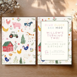 May include: A two-panel invitation with a farm theme. The left panel features illustrations of farm animals, a tractor, and a red barn. The right panel has text that reads "OINK CLUCK BAA MOO" and "WILLOW'S TURNING TWO!"