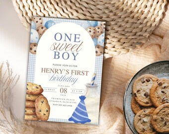 One Sweet Boy Editable Birthday Invitation, Blue Gingham, Cookie Theme First Birthday