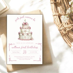 Girls Just Wanna Be ONE Birthday Invitation, Coquette Pink Bow First Birthday, Girl First Birthday, Pink Bow Invite, Baby Pink Bow, Editable