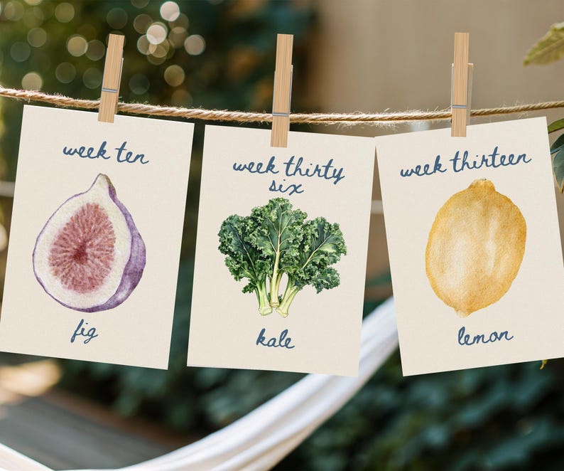 K&ouml;nnte beinhalten: Drei Karten mit Aquarell-Illustrationen einer Feige, eines Gr&uuml;nkohls und einer Zitrone. Jede Karte tr&auml;gt den Text "Woche zehn", "Woche sechsunddrei&szlig;ig" und "Woche dreizehn" mit dem Namen des Obstes oder Gem&uuml;ses darunter.