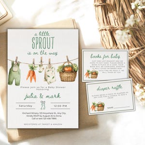 Bearbeitbare kleine Sprout-Babyparty-Einladung, lokal gewachsene Baby-Farmers-Markt-Babyparty, Bio-Baby, geschlechtsneutral, Bücher für Baby