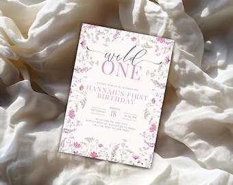 Wildflower 1st Birthday Invitation Template, Editable Wild One Birthday Girl Digital Invitation, Floral First Birthday Party