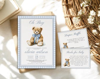Blue Teddy Bear Baby Shower Invitation, Grandmillennial Theme (Editable Template)