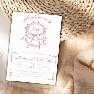 Girls Just Wanna Be ONE Birthday Invitation, Coquette Pink Bow First Birthday, Girl First Birthday, Pink Bow Invite, Baby Pink Bow, Editable