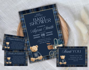 Luxury Equestrian Baby Shower Invitation Template – Tartan Preppy Canva Invite Suite