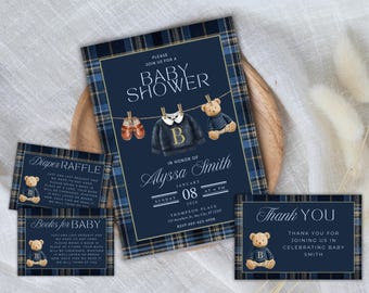 Luxury Equestrian Baby Shower Invitation Template – Tartan Preppy Canva Invite Suite