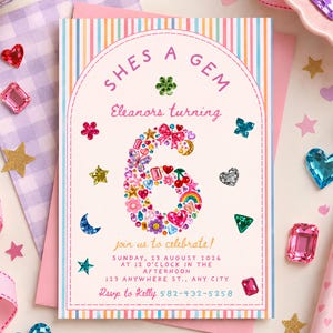 May include: A rectangular birthday invitation card with a striped border featuring the text SHES A GEM, Eleanors turning, and a large number 6 composed of colorful jewel and icon illustrations. Includes event details for Sunday, 23 August 2026.