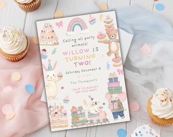 Girl Safari Animals Birthday Invitation, Wild Two, Editable (Digital Download)