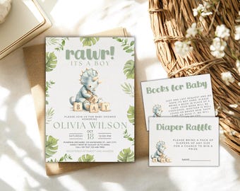 Dinosaur Baby Shower Invitation, Editable Canva Template (Digital Download)