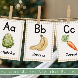 Obst & Gemüse Alphabet Banner, Bauernmarkt Baby, Dusche aus lokalem Anbau, Babypartydekor aus lokalem Anbau, druckbare Obst und Gemüse