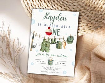 Fishing First Birthday Invitation, Editable O-Fish-Ally One, 5x7 (Digital Download)