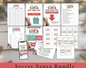 May include: A Secret Santa bundle with printable templates for a gift exchange. Includes sign-up sheets, gift drop-off instructions, questionnaires, and gift tags. The bundle features a festive red, green, and white colour scheme with Santa Claus illustrations.