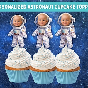 Astronaut Personalized Face Cupcake Toppers, Baby Boy Photo Toppers, Space Rocket Birthday, Around the Sun Birthday Decor, Digital File
