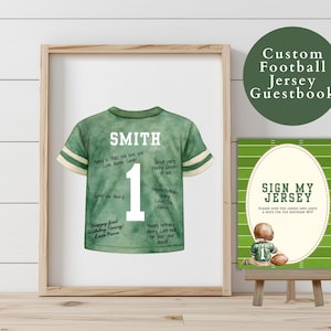 May include: A framed watercolor print of a green football jersey with the name "SMITH" and the number "1". The jersey is filled with handwritten messages. A sign that says "SIGN MY JERSEY" is on a small easel. A green circle says "Custom Football Jersey Guestbook".