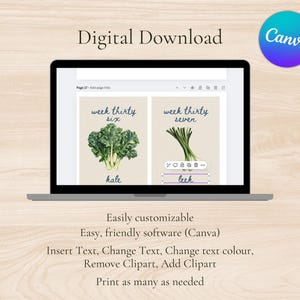K&ouml;nnte beinhalten: Ein digitaler Download f&uuml;r eine Canva-Vorlage mit zwei Karten mit Illustrationen von Gr&uuml;nkohl und Lauch. Die Karten sind mit "Woche 36" und "Woche 37" beschriftet. Der Text "Einfach anpassbar" wird unter den Karten angezeigt, zusammen mit Anweisungen zur Verwendung der Vorlage.