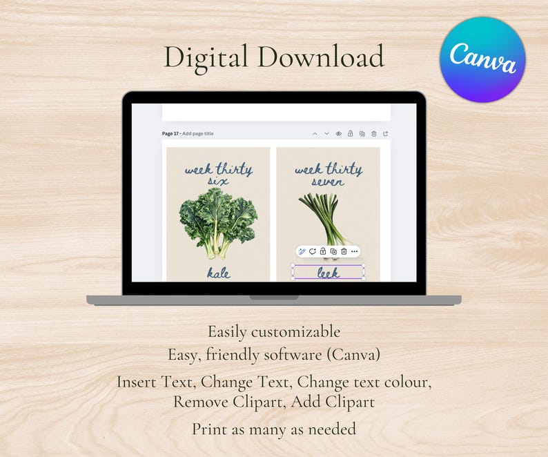 K&ouml;nnte beinhalten: Ein digitaler Download f&uuml;r eine Canva-Vorlage mit zwei Karten mit Illustrationen von Gr&uuml;nkohl und Lauch. Die Karten sind mit "Woche 36" und "Woche 37" beschriftet. Der Text "Einfach anpassbar" wird unter den Karten angezeigt, zusammen mit Anweisungen zur Verwendung der Vorlage.