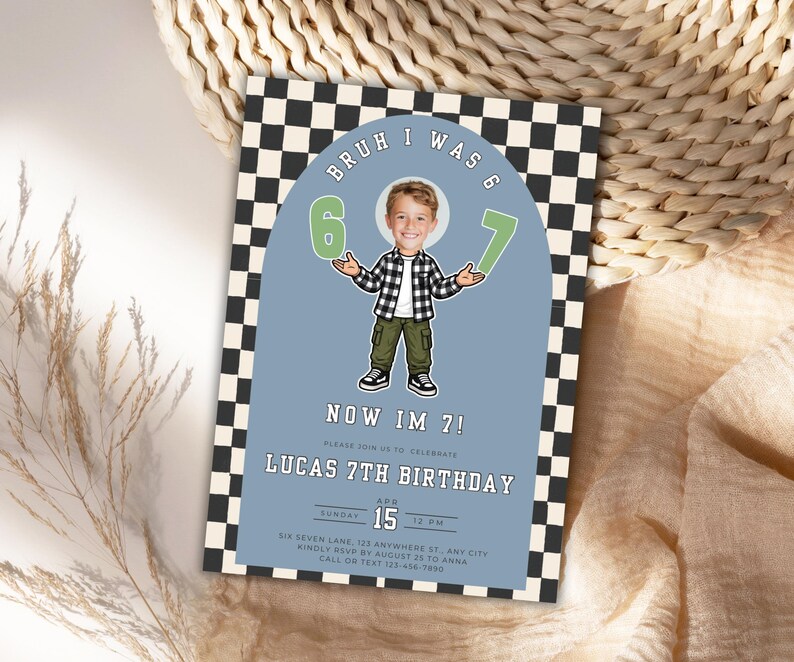 Invitación de cumpleaños personalizada para 6-7 años, tarjeta de cumpleaños con foto, plantilla editable de Canva (invitación digital) imagen 2