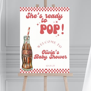 Sie ist bereit, Dusche Willkommensschild, Retro Babyparty, bearbeitbare Vorlage, geschlechtsneutrales Baby Thema, Soda Pop Babyparty, Cola Baby