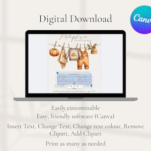 May include: A laptop screen displays a baby shower invitation design. The design features a watercolor illustration of a pumpkin, baby clothes, and the text "Pumpkin is on the way." The Canva logo is visible.