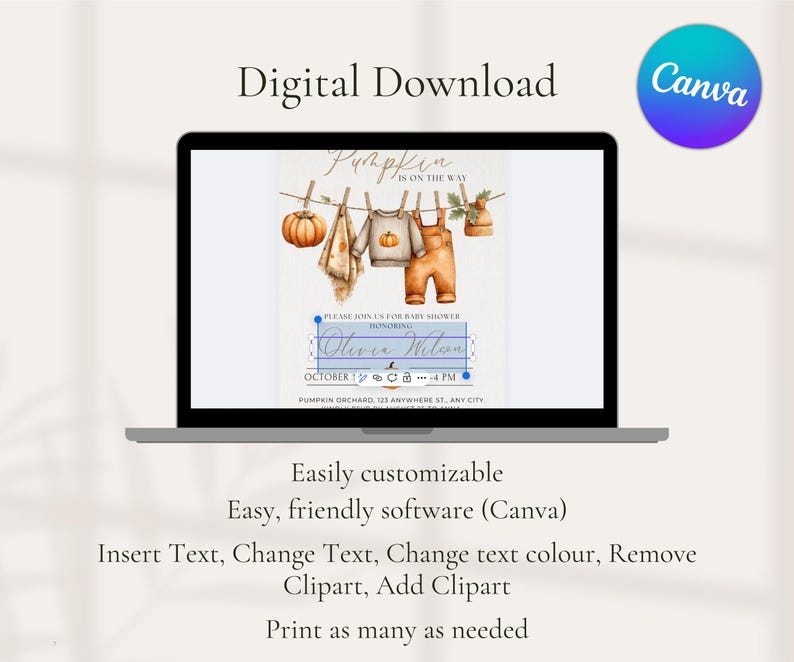 May include: A laptop screen displays a baby shower invitation design. The design features a watercolor illustration of a pumpkin, baby clothes, and the text "Pumpkin is on the way." The Canva logo is visible.