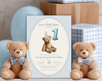 Invitación de osito de peluche para primer cumpleaños, colores neutros (descarga digital)