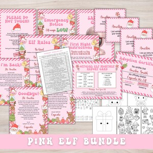 Puede incluir: Un paquete rosa con temática de elfos con varios documentos imprimibles. Incluye 'Reglas de los elfos', 'Instrucciones de la primera noche' y un 'Certificado de adopción'. El paquete presenta ilustraciones de elfos, Papá Noel y árboles de Navidad.