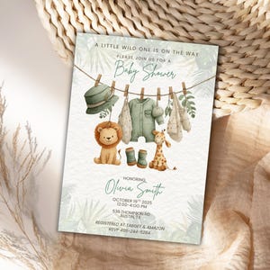 A Little Wild One is on the Way, Safari Baby Shower Invite, Jungle Baby Shower, Baby Shower Invitation Canva, Greenery Clothesline Invite