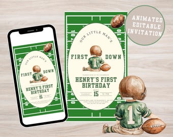 Invitation 1er anniversaire de football animée, garçon premier à terre (téléchargement numérique MP4)
