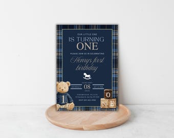 Invitación de primer cumpleaños de osito de peluche Polo, cuadros clásicos neutros, tartán ecuestre, primer cumpleaños, plantilla editable, Canva