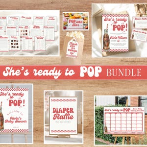 Sie ist bereit zum Pop Baby Shower Party Bundle Retro Baby Shower Editierbare Vorlage Einladung Willkommensschild Danke Tags Food Sign Soda POP