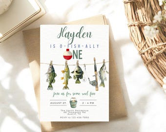 Fishing First Birthday Invitation, O-Fish-Ally One, Editable Template (Digital Download)