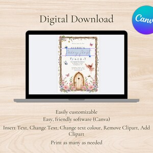 Puede incluir: Un port&aacute;til muestra una invitaci&oacute;n digital con el texto "Averie's Fairy First". La invitaci&oacute;n presenta una puerta de hadas, mariposas y detalles florales. El logotipo de Canva es visible. El texto adicional incluye "F&aacute;cilmente personalizable" y "Imprime tantas como necesites".