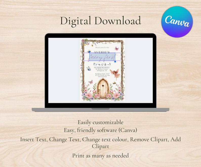 Puede incluir: Un port&aacute;til muestra una invitaci&oacute;n digital con el texto "Averie's Fairy First". La invitaci&oacute;n presenta una puerta de hadas, mariposas y detalles florales. El logotipo de Canva es visible. El texto adicional incluye "F&aacute;cilmente personalizable" y "Imprime tantas como necesites".