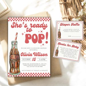 Sie ist bereit, Duscheinladung zu knallen, Retro-Babyparty, bearbeitbare Vorlage, geschlechtsneutrales Babythema, Soda Pop Baby, Bücher für Baby
