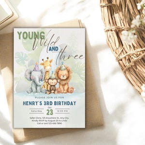 Invitación de cumpleaños de safari para niños, 3.er cumpleaños de safari, animales de la jungla, editable, para niños