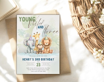 Safari 3rd Birthday Invitation, Jungle Animals, Editable Template (Digital Download)