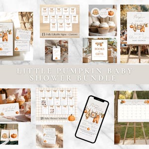 May include: A collection of baby shower decorations with a pumpkin theme. Includes invitations, signs, cupcake toppers, and a calendar. The text "Little Pumpkin Baby Shower Bundle" is displayed. The color palette is neutral with orange accents.
